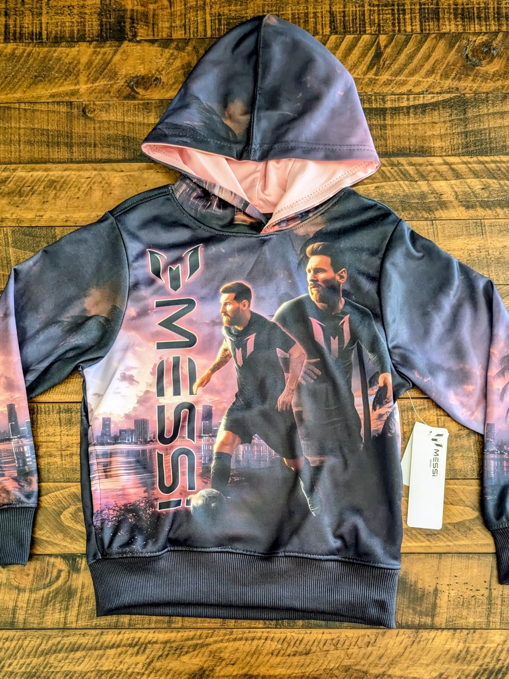 Messi Unisex Kids Pullover Hoodie Medium 8 Black Pink Fleece Graphic Logo NWT